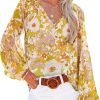 Women's Casual Boho Floral Print V Neck Long Sleeve T Shirt Blouses