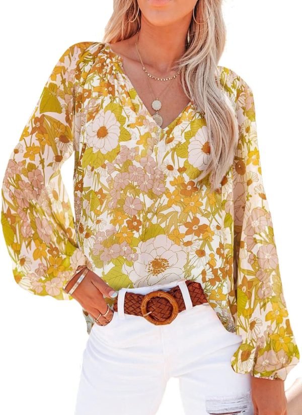 Women's Casual Boho Floral Print V Neck Long Sleeve T Shirt Blouses