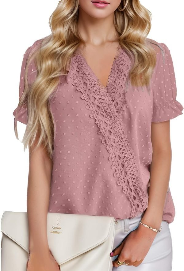 Chiffon Blouse for Womens Dressy Casual Short Sleeve Shirt V Neck Swiss Dot Top