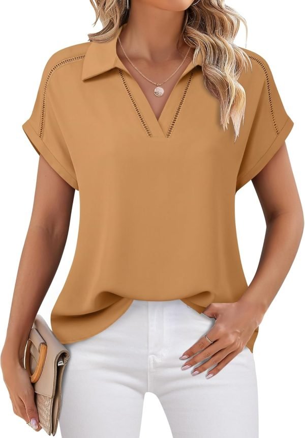 Women's Short Sleeve Chiffon Blouses Office Work Dress Shirts Business Casual Tops