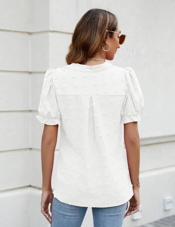 Womens Puff Sleeve Summer Tops Chiffon Short Sleeve Blouses White V Neck Pom Pom Shirts