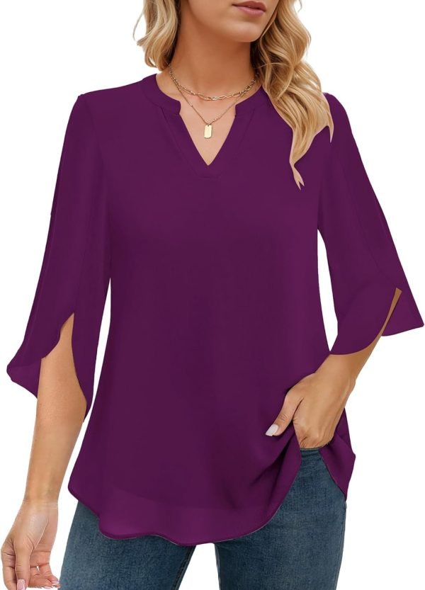 Women's 3/4 Sleeve Chiffon Blouses for Women Dressy Casual, V Neck Double Layers Chiffon Blouses 2024, Tunic Tops