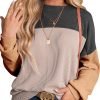 Womens Fashion 2024 Color Block Long Sleeve Crewneck Knitted Casual Loose Pullover Shirts Tops
