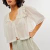 71pn7FVer2L._AC_SL1500 Women's Sexy Low Cut Chiffon Shirt 3/4 Sleeve V Neck Sheer Button Down Blouse Cute Ruffle Lace Trim Top