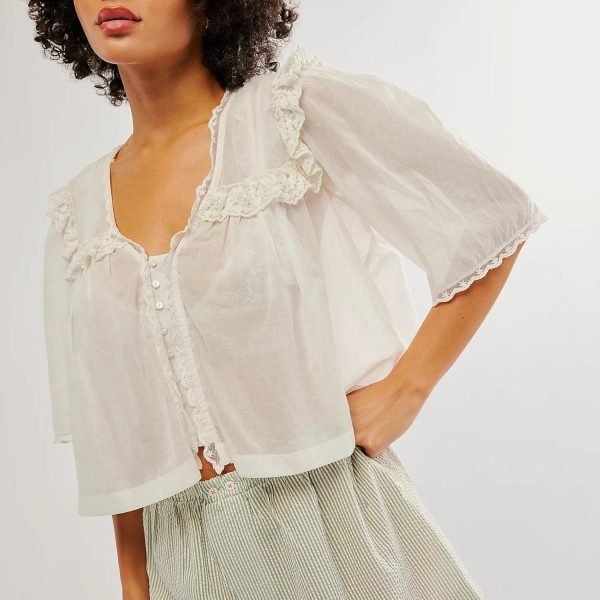 71pn7FVer2L._AC_SL1500 Women's Sexy Low Cut Chiffon Shirt 3/4 Sleeve V Neck Sheer Button Down Blouse Cute Ruffle Lace Trim Top