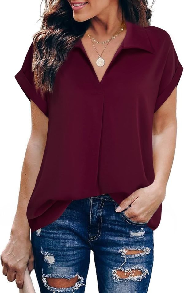 Women's Summer Work Blouse V Neck Short Sleeve Lapel Shirt Top Tunic