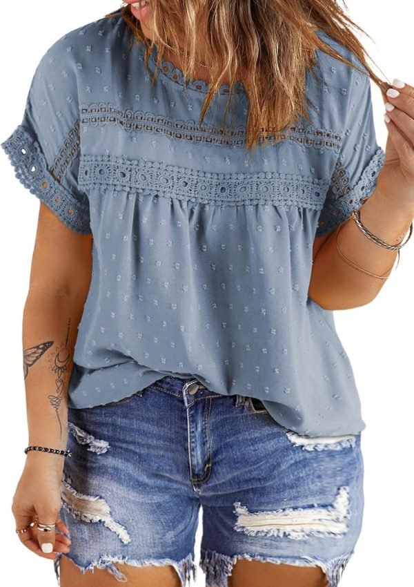 71qUCRQAEXL._AC_SL1500 Women Plus Size Tops Crewneck Short Sleeve Lace Crochet Loose Casual Summer Blouses Shirts(1X-5X)