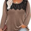 Plus Size Lace Tops for Women Long Sleeve Crewneck Pullover Fall T-shirts Tunics Basic Tees T-Shirts XL-5XL