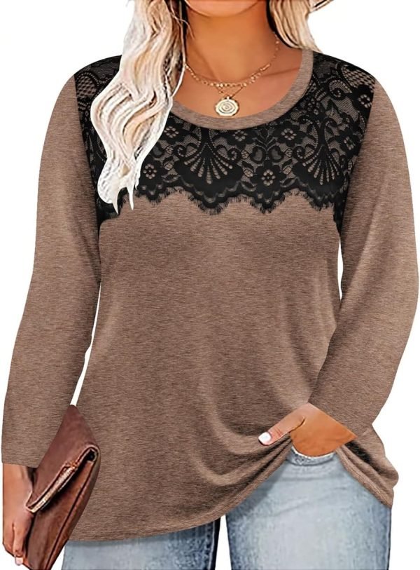 Plus Size Lace Tops for Women Long Sleeve Crewneck Pullover Fall T-shirts Tunics Basic Tees T-Shirts XL-5XL