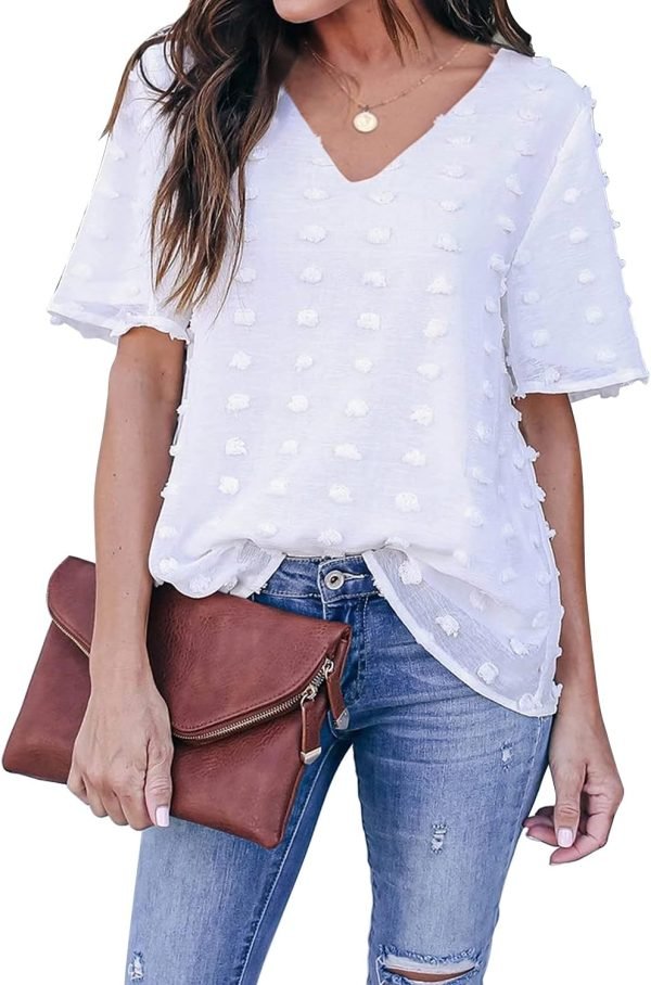 Womens Chiffon Blouse Summer Casual Round Neck Short Sleeve Pom Pom Shirts Top