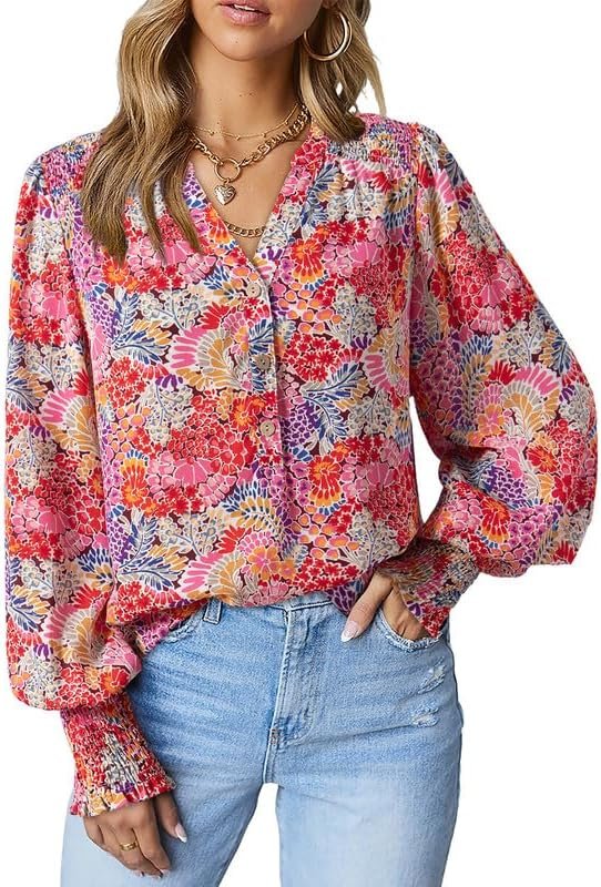 71rh6HHOEWL._AC Women's Casual V Neck Easel Floral Print Long Sleeve Blouses Smocked Button Down Shirts Bohemian Top