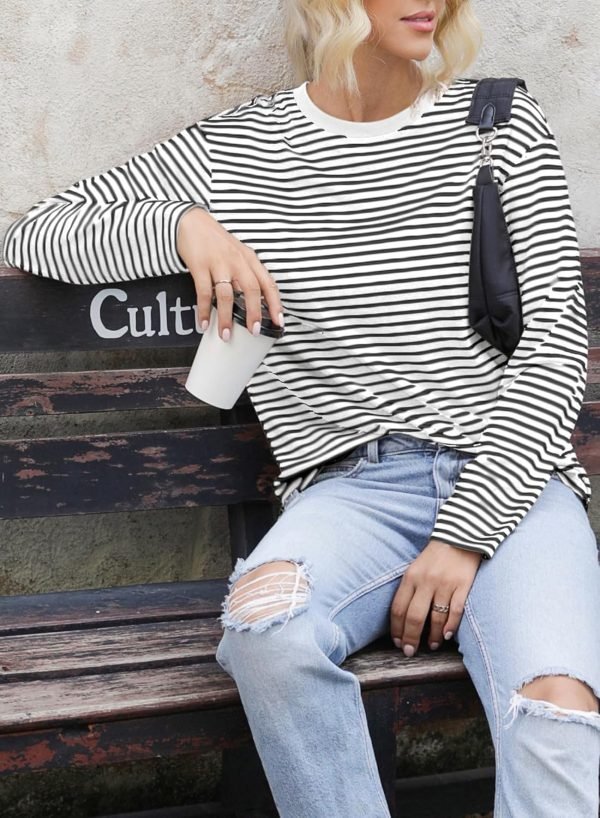 Women's Casual Striped Long Sleeve Tops Crew Neck Knit Ribbed Basic T Shirts