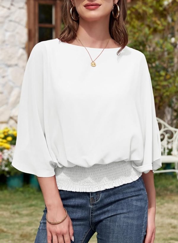 Womens Solid Short Sleeve Boat Crew Neck Chiffon Blouses 3/4 Sleeve Casual Dressy Shirts Batwing Dolman Top Tunic