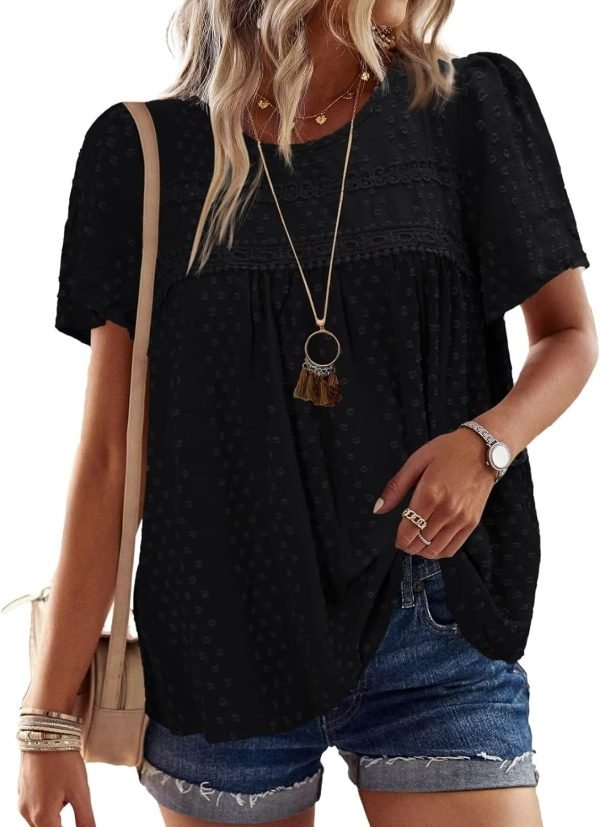 Womens Summer Tops Crewneck Short Sleeve Shirts Casual Chiffon Blouses Flowy Lace Hem Boho Clothing Trendy 2024