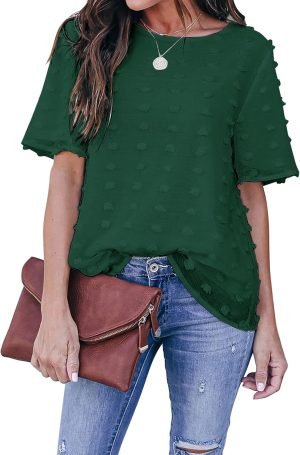 71sbfdZ1LcL._AC_SL1500 Womens Chiffon Blouse Summer Casual Round Neck Short Sleeve Pom Pom Shirts Top