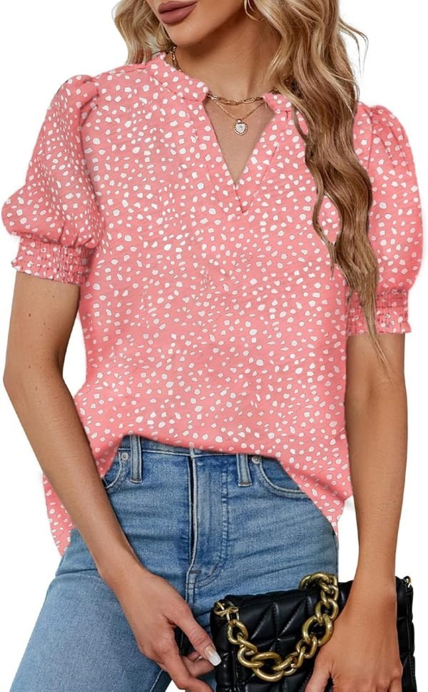 Womens Fashion Blouses Notched V Neck Puffer Short Sleeve Shirt Polka Dot Tops Chiffon Dressy Shirts