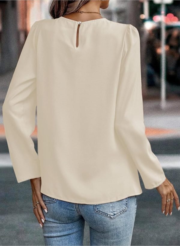 Womens Tops Dressy Casual Pleated Crew Neck Long Sleeve Shirts Office Work Chiffon Blouses