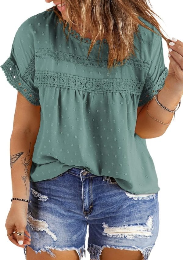 71tY1CqbcmL._AC_SL1500 Women Plus Size Tops Crewneck Short Sleeve Lace Crochet Loose Casual Summer Blouses Shirts(1X-5X)