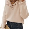Women's Sweaters Casual Long Sleeve Button Down Crew Neck Ruffle Knit Pullover Sweater Tops Solid Color Striped