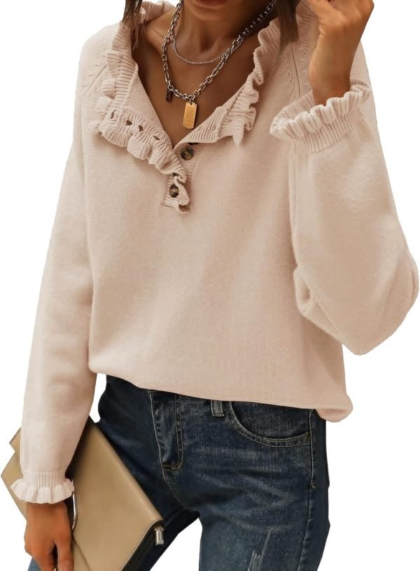 Women's Sweaters Casual Long Sleeve Button Down Crew Neck Ruffle Knit Pullover Sweater Tops Solid Color Striped