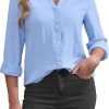Womens Button Down Shirts Long Sleeve V Neck Collared Blouses Office Work Tops Chiffon Dressy Casual Shirts