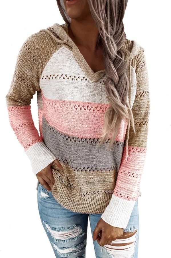 Women Color Block Hooded Crochet Striped Sweaters Lightweight Drawstring Hoodies Pullover Trendy Sweatshirts