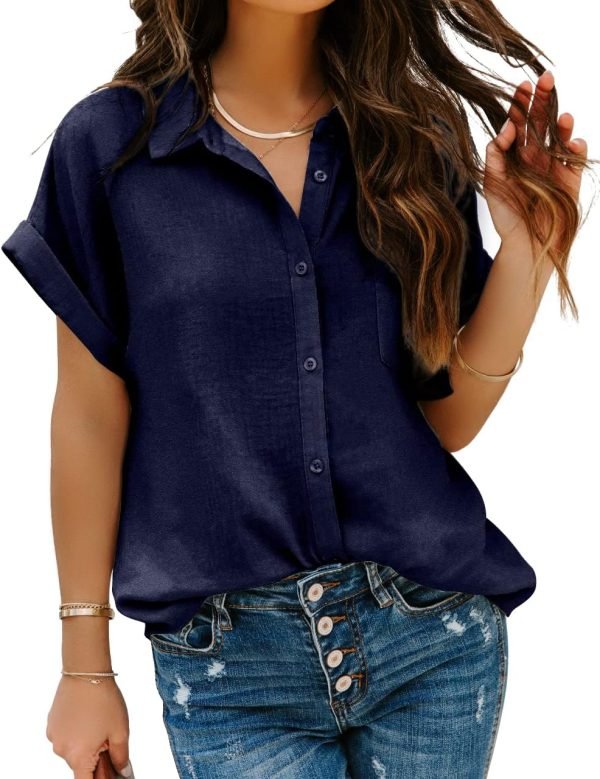 Women Chiffon Button Down Shirts with Pocket Short Sleeve Office Blouses V Neck Casual Business Tops Slim Fit Shirts