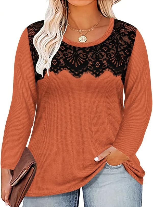 Plus Size Lace Tops for Women Long Sleeve Crewneck Pullover Fall T-shirts Tunics Basic Tees T-Shirts XL-5XL