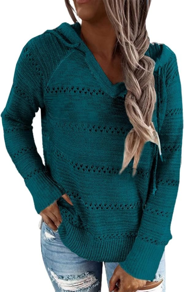 Women Color Block Hooded Crochet Striped Sweaters Lightweight Drawstring Hoodies Pullover Trendy Sweatshirts