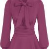 Women's Long Sleeve Peplum Dressy Shirt Office Bow Tie Work Blouses Tops Smocked Waist