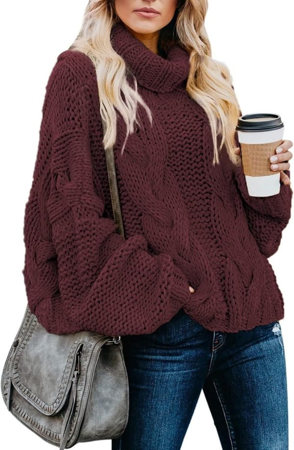 Womens 2024 Winter Fall Solid Turtleneck High Neck Balloon Long Sleeve Sweaters Pullover Outerwear