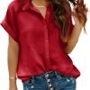 Women Chiffon Button Down Shirts with Pocket Short Sleeve Office Blouses V Neck Casual Business Tops Slim Fit Shirts