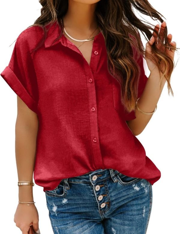Women Chiffon Button Down Shirts with Pocket Short Sleeve Office Blouses V Neck Casual Business Tops Slim Fit Shirts