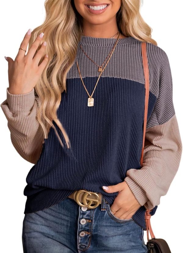 Womens Fashion 2024 Color Block Long Sleeve Crewneck Knitted Casual Loose Pullover Shirts Tops