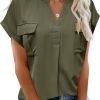 Women Dressy Casual V Neck Short Sleeve Dress Shirts Summer Work Tops Tunics Solid Color Chiffon Blouse