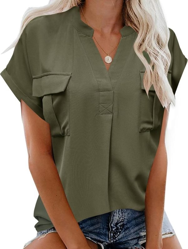 Women Dressy Casual V Neck Short Sleeve Dress Shirts Summer Work Tops Tunics Solid Color Chiffon Blouse