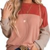 Womens Fashion 2024 Color Block Long Sleeve Crewneck Knitted Casual Loose Pullover Shirts Tops