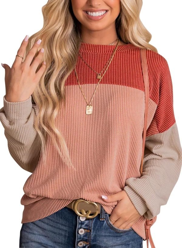 Womens Fashion 2024 Color Block Long Sleeve Crewneck Knitted Casual Loose Pullover Shirts Tops