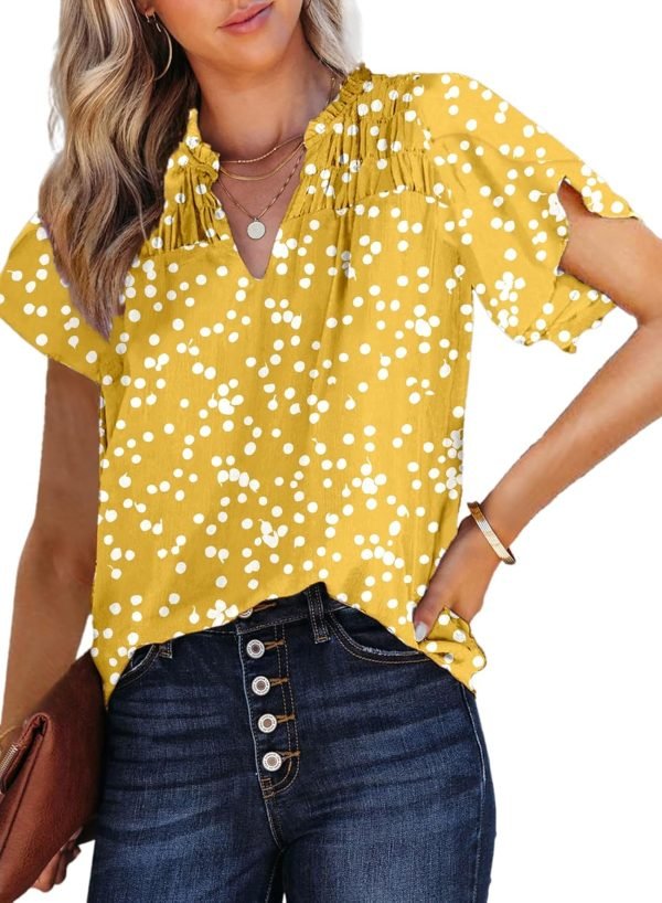 Women's Casual V Neck Alicia Floral Print Smocked Short Sleeve Chiffon Blouses Bohemian Top Shirts