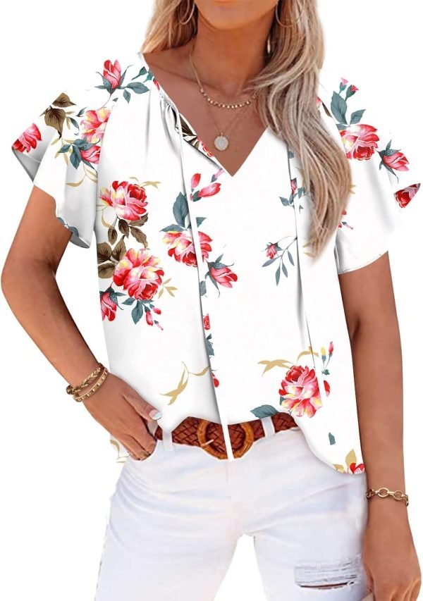 Womens 2024 Summer Tunic Tops Casual Short Sleeve Blouses V Neck Dressy Chiffon Boho Tshirts