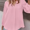 Women's Long Sleeve V Neck Shirt Dressy Pleated Top Casual Loose Chiffon Blouses