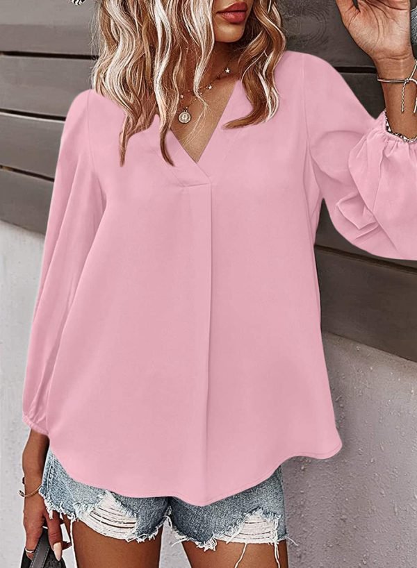 Women's Long Sleeve V Neck Shirt Dressy Pleated Top Casual Loose Chiffon Blouses