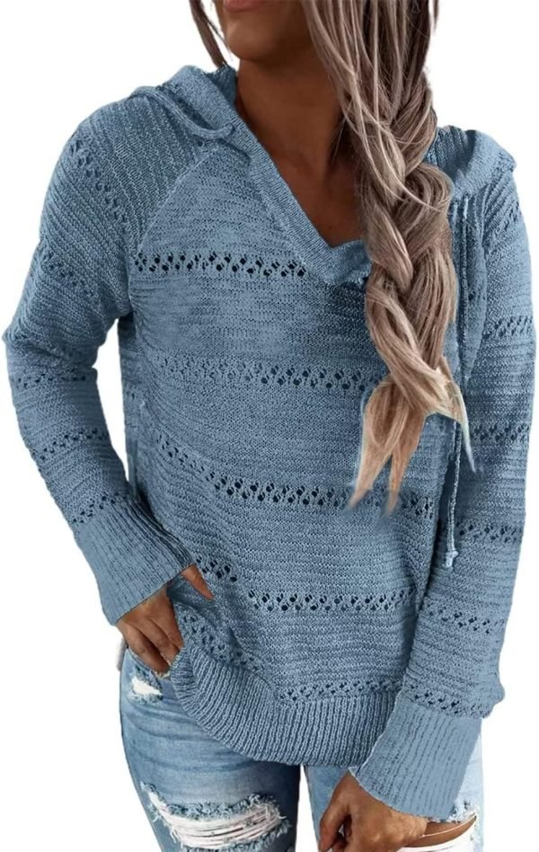 Women Color Block Hooded Crochet Striped Sweaters Lightweight Drawstring Hoodies Pullover Trendy Sweatshirts