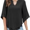 Womens 3/4 Sleeve Chiffon Blouses V Neck Double Layers Mesh Shirts Dressy Flowy Tunic Tops (M-5XL)