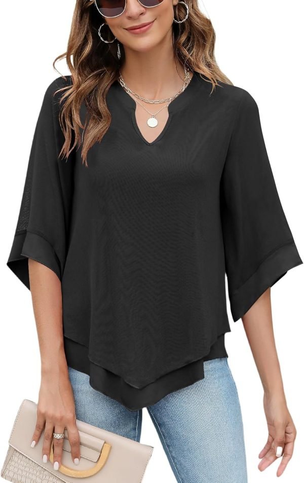 Womens 3/4 Sleeve Chiffon Blouses V Neck Double Layers Mesh Shirts Dressy Flowy Tunic Tops (M-5XL)