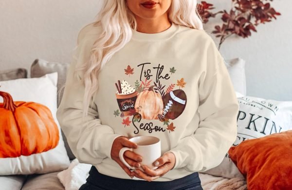 Tis the Season Fall Sweatshirt for Women Fall Football Long Sleeve Shirt Causal Autumn Pumpkin Pullover Tops