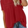 Womens Crewneck Lace Crochet Pom Pom Flowy Short Sleeve Casual Shirts Blouses Tops