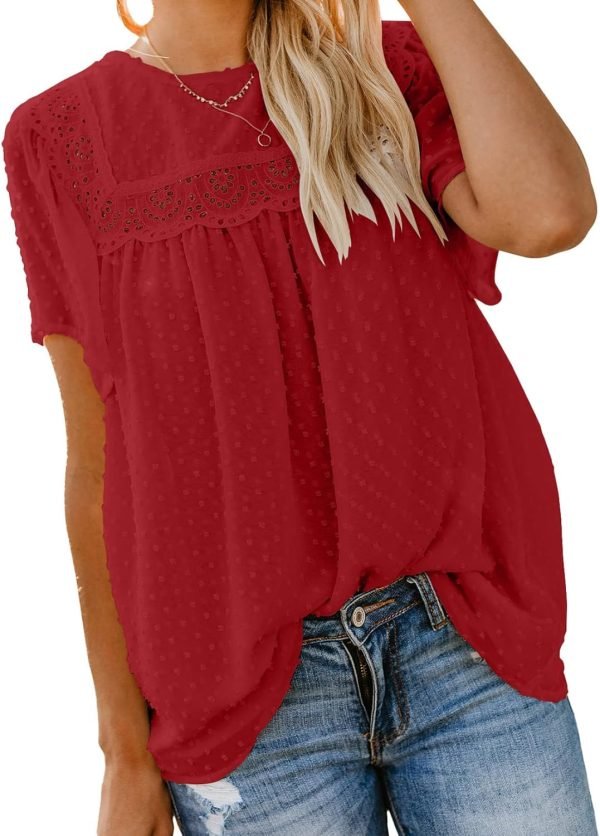 Womens Crewneck Lace Crochet Pom Pom Flowy Short Sleeve Casual Shirts Blouses Tops