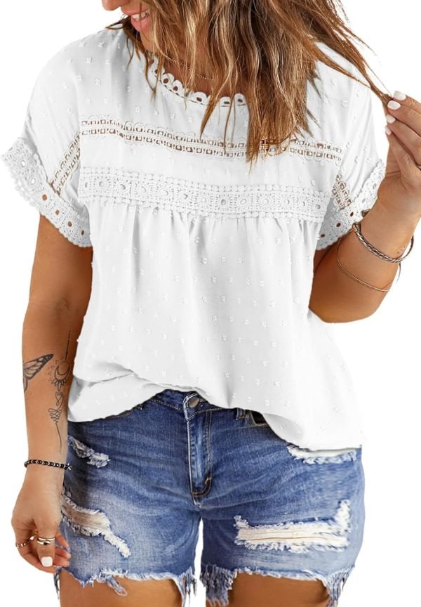 71yGh9MfALL._AC_SL1500 Women Plus Size Tops Crewneck Short Sleeve Lace Crochet Loose Casual Summer Blouses Shirts(1X-5X)