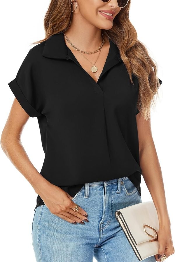 Women's Bat Wing V Neck Short Sleeve Chiffon Blouses for Office Work Business Attire Collared Casual Summer Shirts